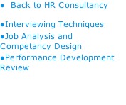 Back to HR Consultancy Interviewing Techniques Job Analysis and Competancy Design Performance Development Review